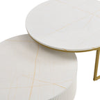Modern Round Nesting Coffee Table Fluted with Drawer in White & Gold in 31.5'' - Grand Goldman Shop