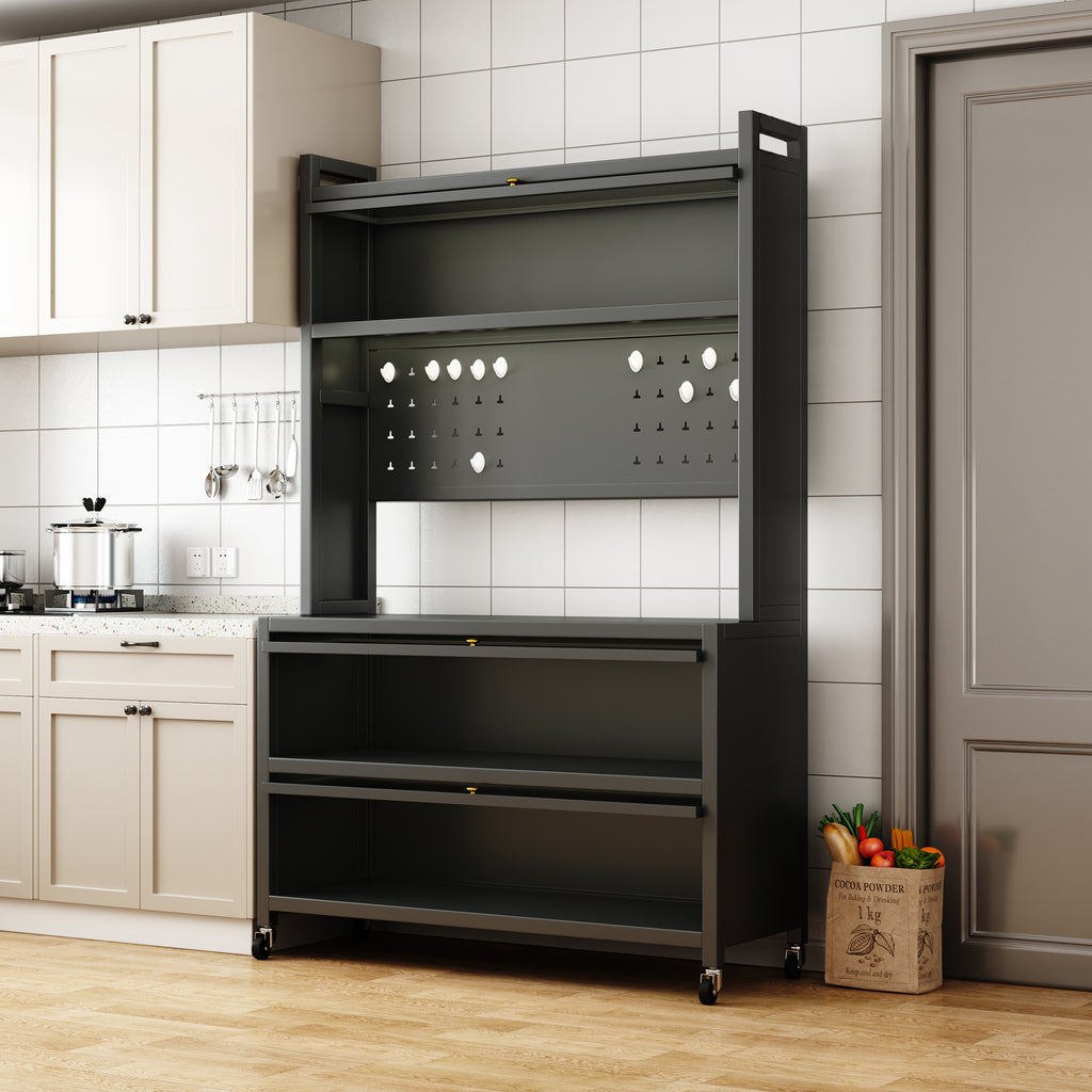 65'' Tall Kitchen Bakers Rack with Flip Door Cabinet, 5 Tier Multifunctional Microwave Stand Buffet, Coffee Bar, Quick Assembly, Gray - Grand Goldman Shop