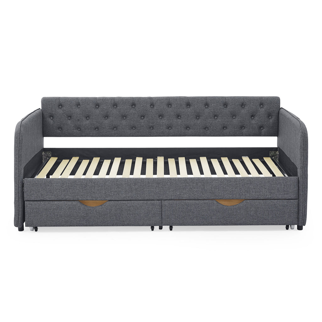Twin Size Upholstered Daybed with Trundle and Drawers, Dark Gray Linen, Flat Arms, Extendable for Bedroom or Living Room - Grand Goldman Shop