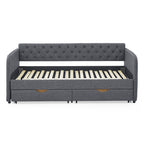 Twin Size Upholstered Daybed with Trundle and Drawers, Dark Gray Linen, Flat Arms, Extendable for Bedroom or Living Room - Grand Goldman Shop
