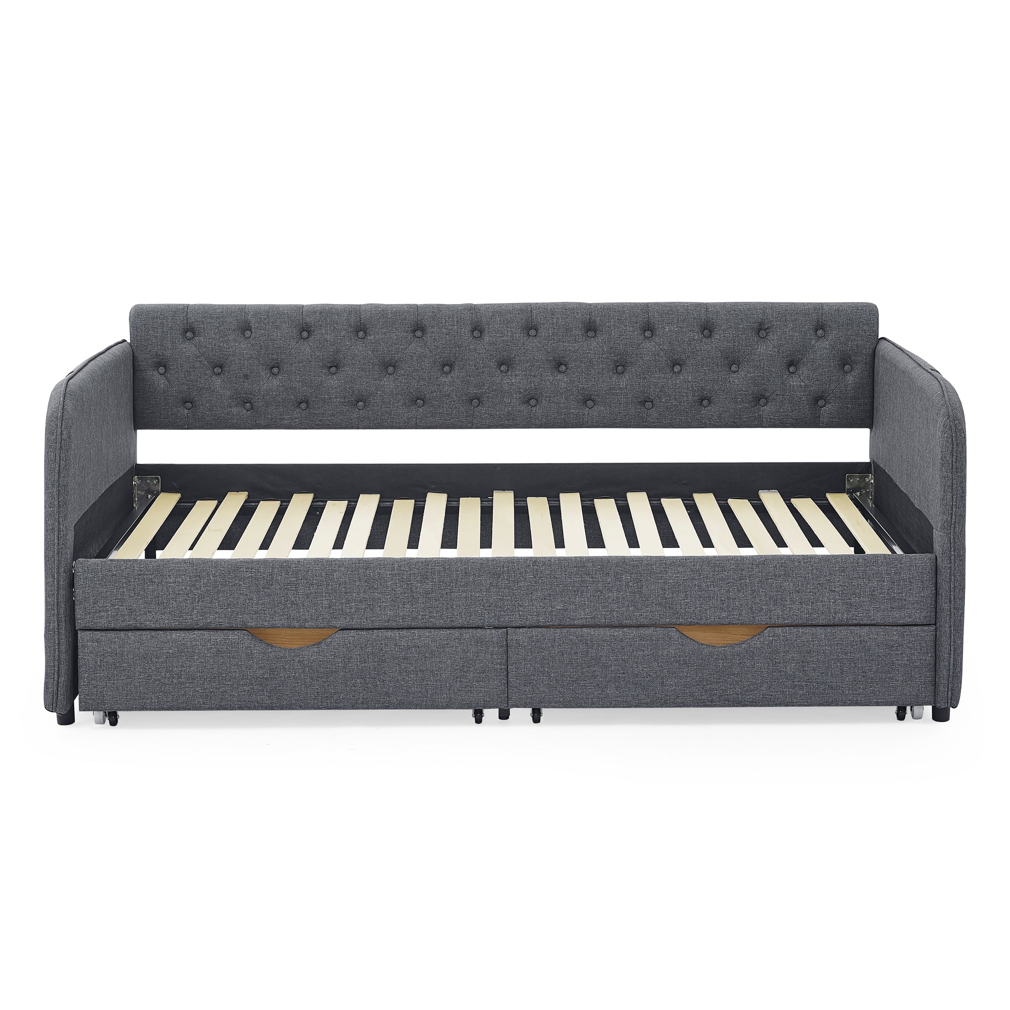 Twin Size Upholstered Daybed with Trundle and Drawers, Dark Gray Linen, Flat Arms, Extendable for Bedroom or Living Room - Grand Goldman Shop