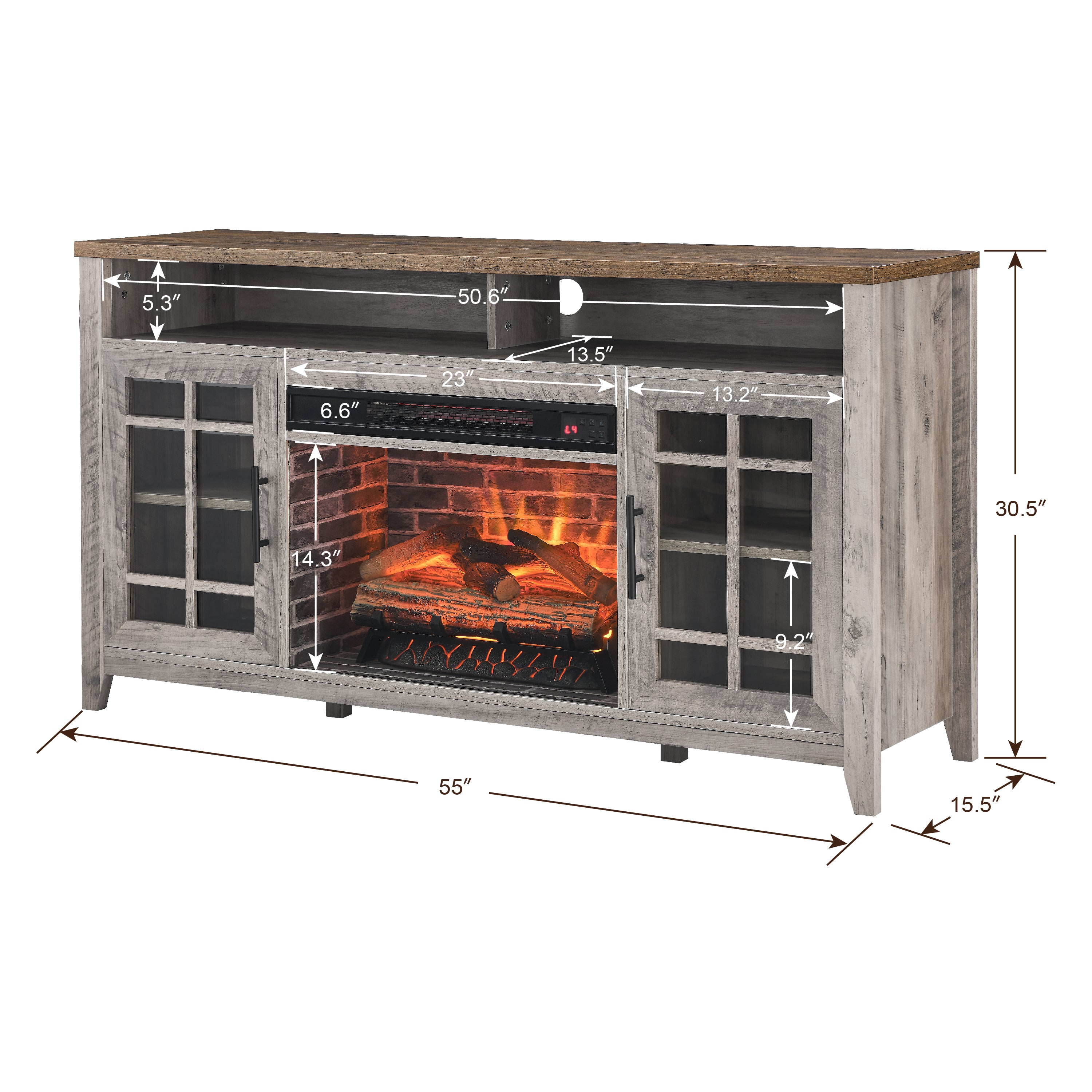 55 inch TV Media Stand with Electric Fireplace KD Inserts Heater,Gray Wash Color - Grand Goldman Shop