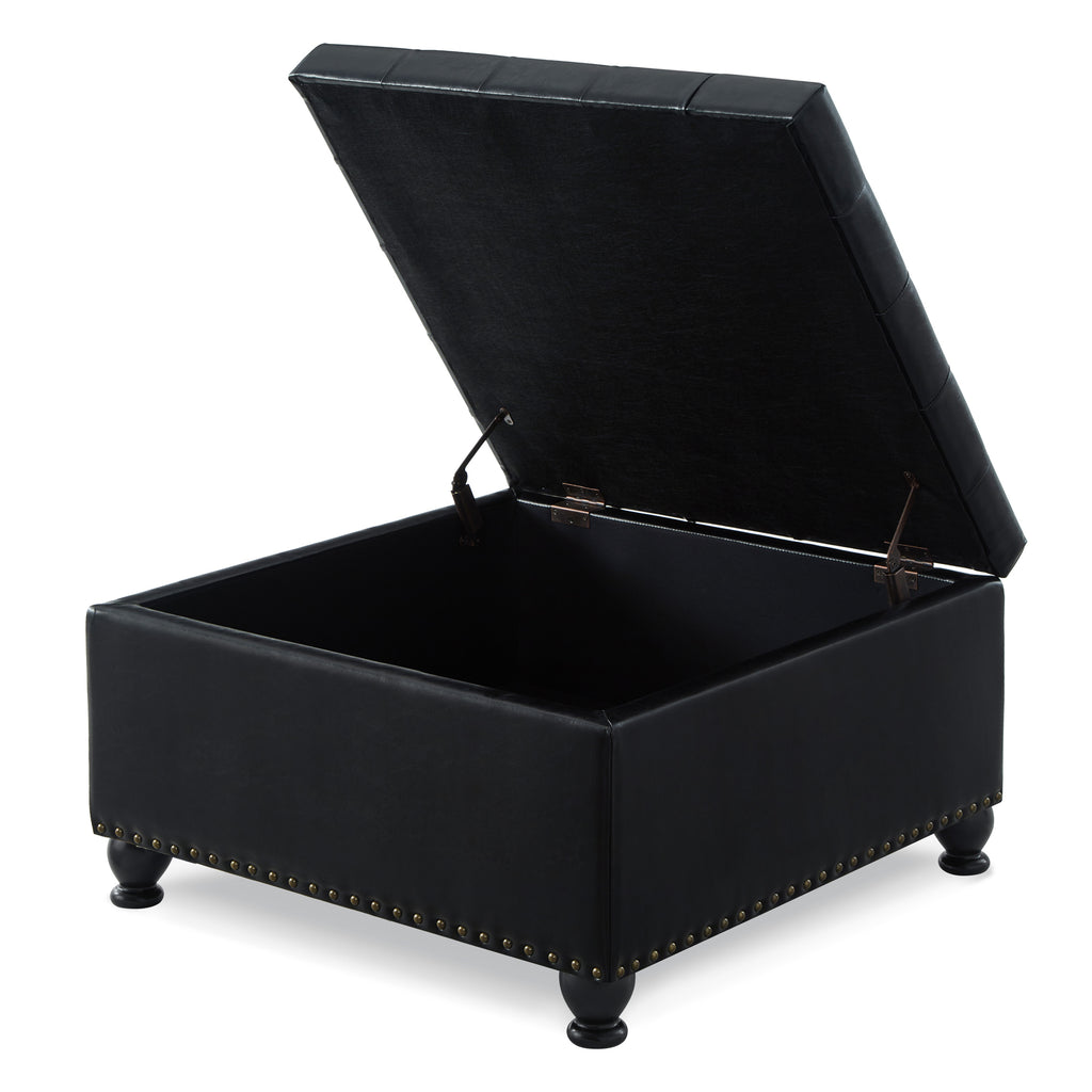 Large square storage ottoman with wooden legs, Upholstered button tufted coffee table with nail trims for Living Space, Black - Grand Goldman Shop
