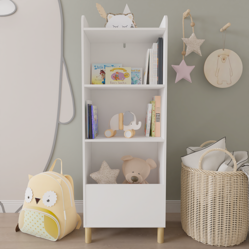 Kids 4-Tier Bookcase, Children's Book Display with Safety Restraint, White MDF & Pine Wood Storage Cabinet for Nursery, Playr