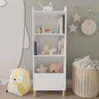 Kids 4-Tier Bookcase, Children's Book Display with Safety Restraint, White MDF & Pine Wood Storage Cabinet for Nursery, Playr