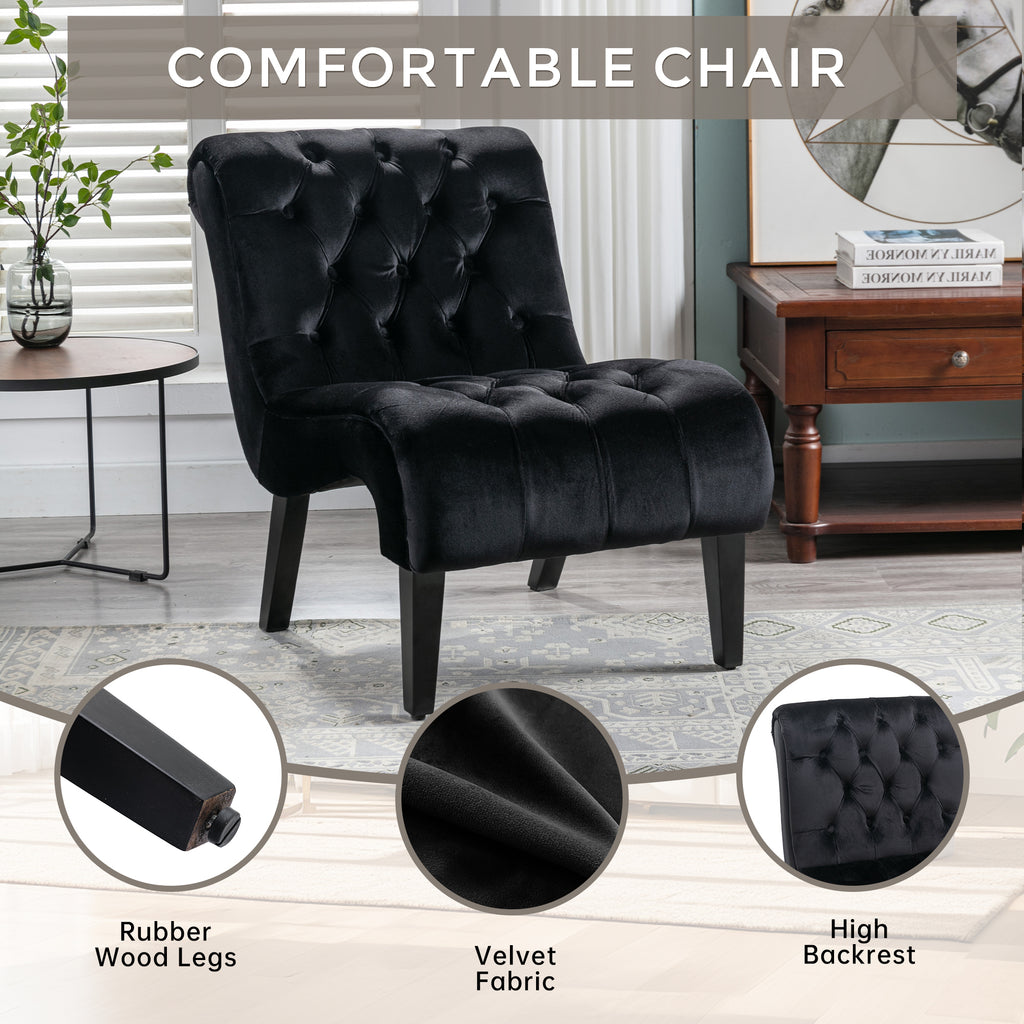 COOLMORE Modern Velvet Armless Accent Living Room Chair / Leisure Chair,Upholstered Fabric Button Comfortable Chair with Wooden Legs for Bedroom, Living Room, Office (Black Velvet) - Grand Goldman Shop