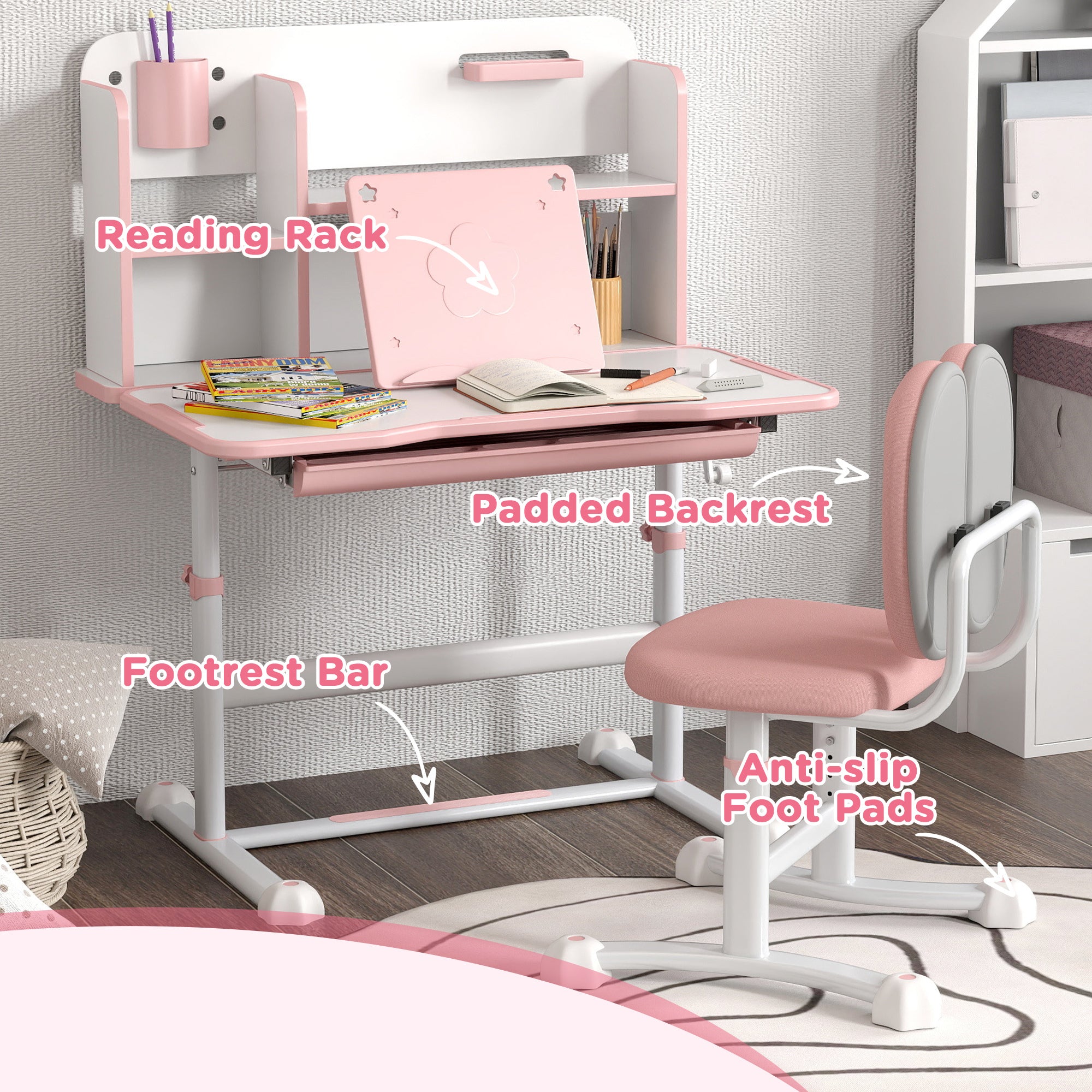 Qaba Kids Desk and Chair Set, Height Adjustable Kids School Study Desk and Chair Set with Tilt Desktop, Storage Drawer and Re
