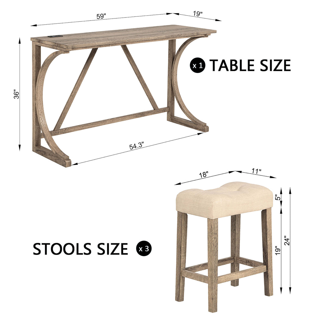 4-Piece Bar Table Set with Power Outlet, Dining Bar Table and Chairs Set, Bar Table Set with 3 Padded Stools for Living Room, Dining Room, Game Room, Brown - Grand Goldman Shop
