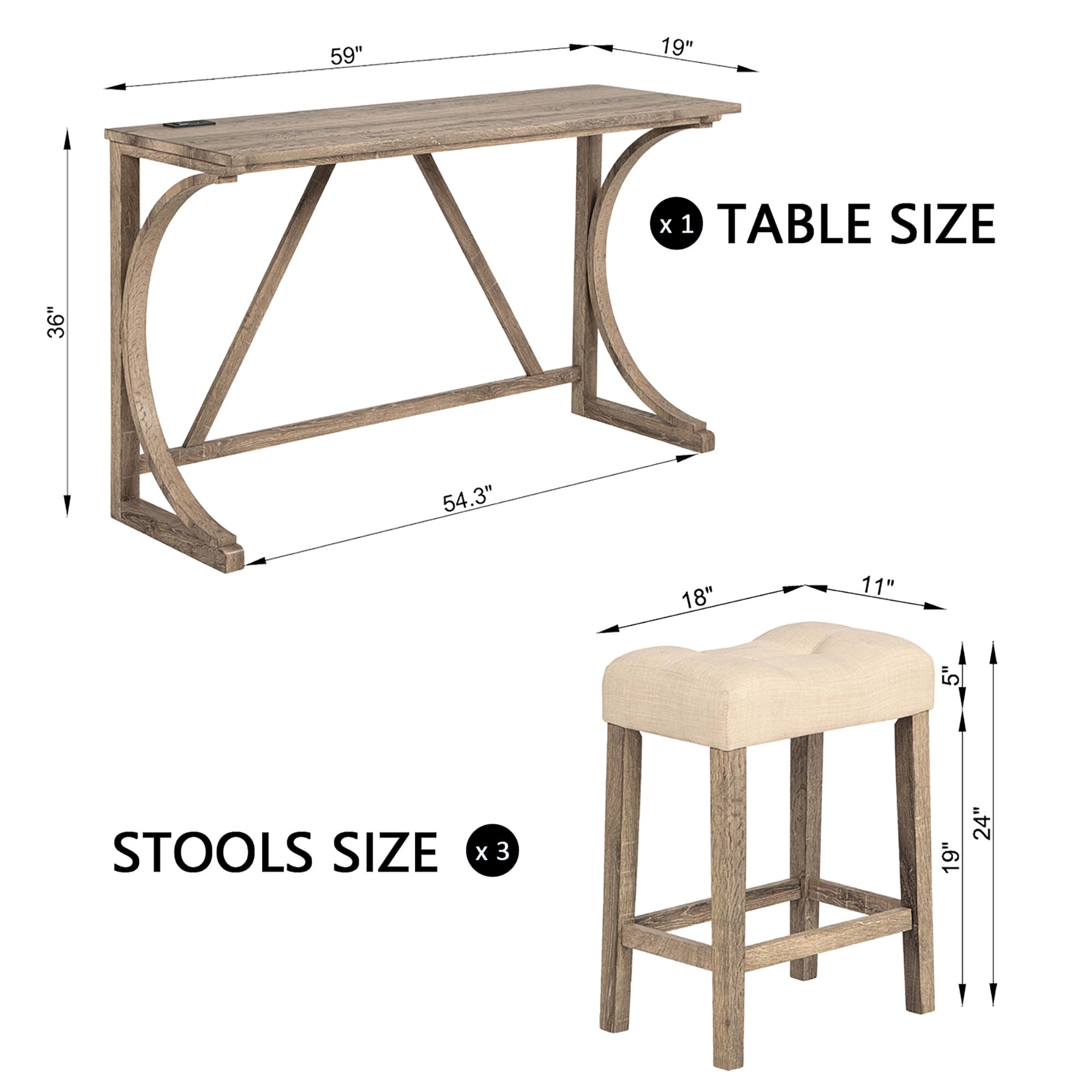 4-Piece Bar Table Set with Power Outlet, Dining Bar Table and Chairs Set, Bar Table Set with 3 Padded Stools for Living Room, Dining Room, Game Room, Brown - Grand Goldman Shop