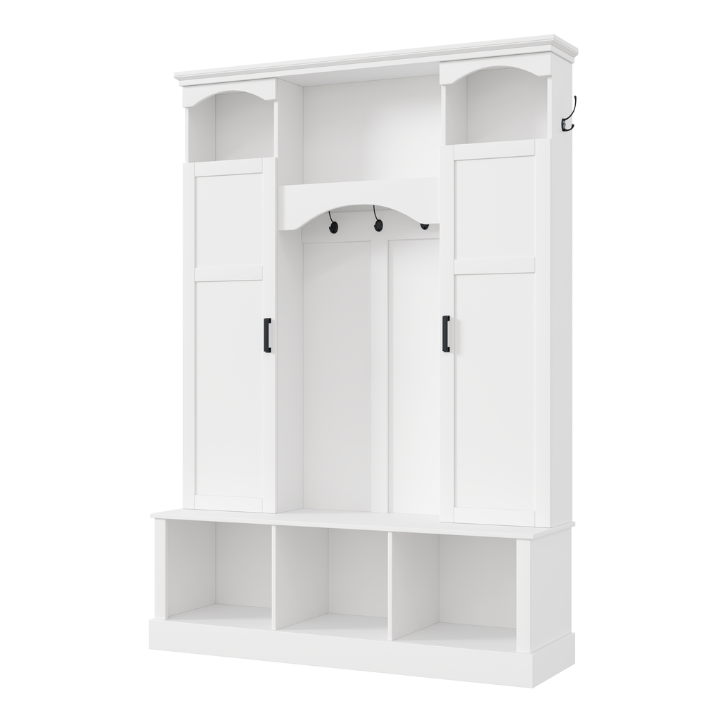ON-TREND Modern All-in-One Hall Tree with Adjustable Shelves, Classic Arched Farmhouse Storage Bench with Dual Side Cabinets, Elegant Entryway Organizer with 7 Hooks for Mudroom, Hallway, White - Grand Goldman Shop