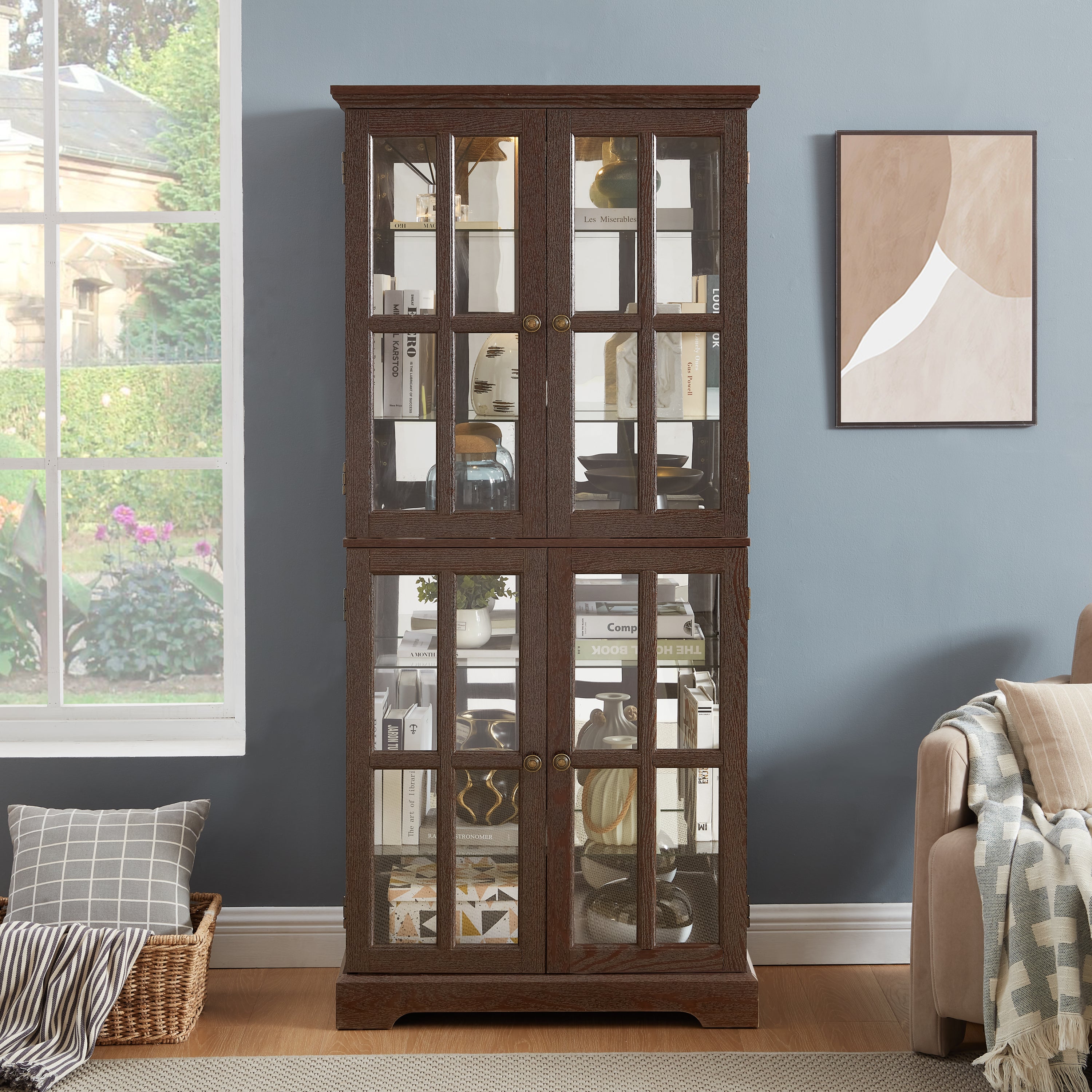 Curio Display Cabinet, Antique Display Cabinet with Glass Doors Adjustable Shelves for Collectibles Four Door Design Vintage Showcase for Home or Office Antique Display Case E26 Bulb Included CHE - Grand Goldman Shop