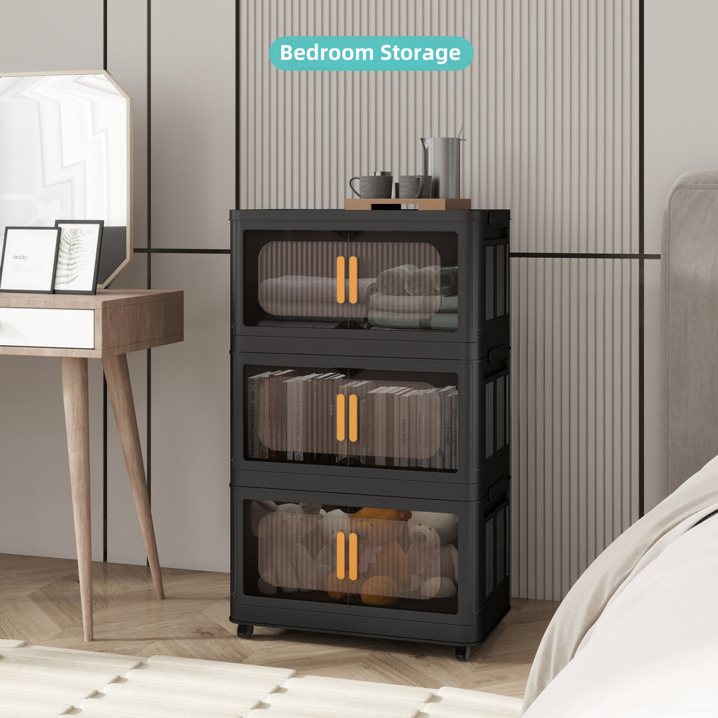 Black,20' Side Wide Folding Storage Cabinet ,4 Tiers,19.69'×11.81'×40.55',Collapsible Storage Bins with Magnetic Door, Plastic Storage Cabinet with Wheels - Grand Goldman Shop