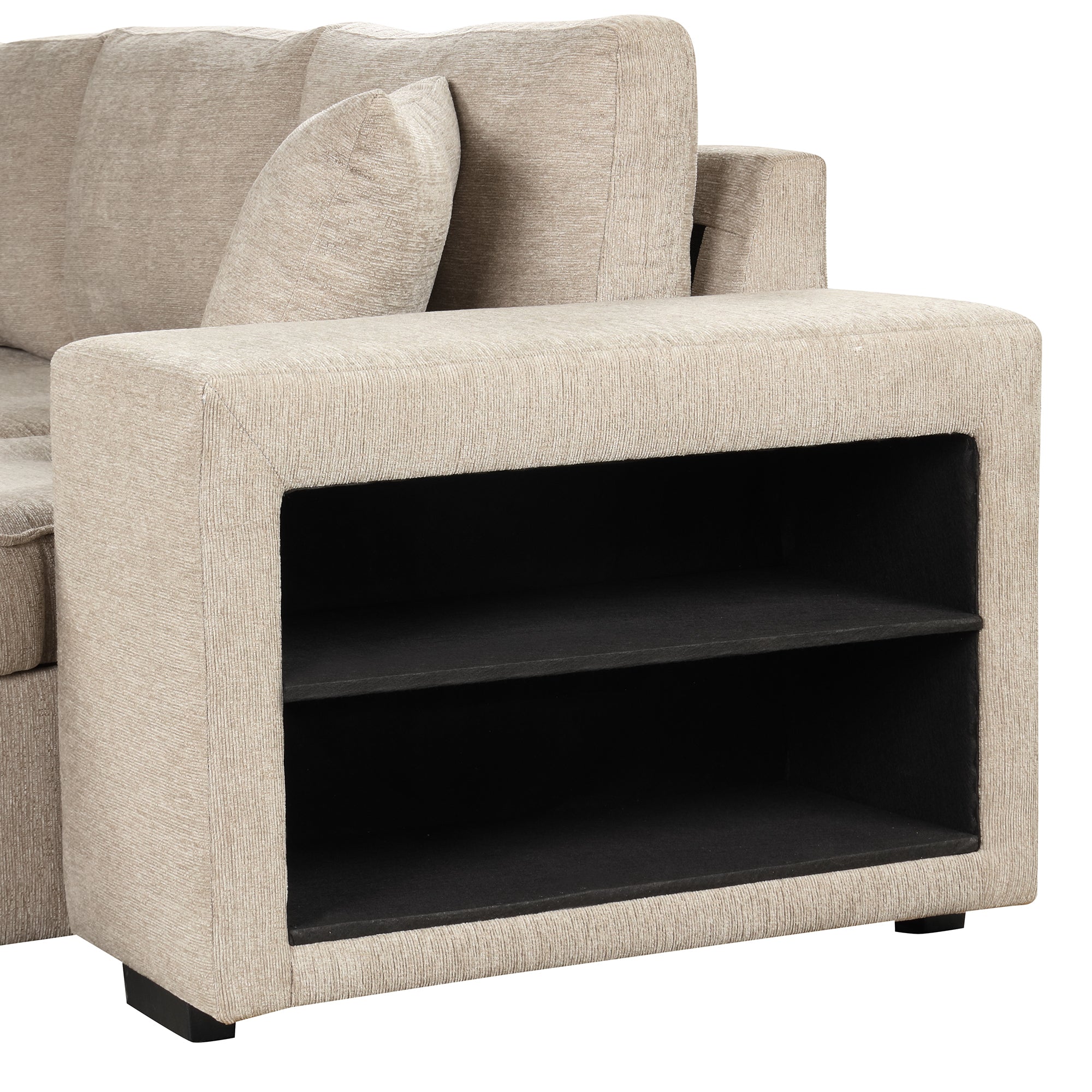 Modern L-Shape 3 Seat Reversible Sectional Couch with Pull Out Sleeper, Storage Chaise & 2 Stools, Cream, Linen Chenille - Grand Goldman Shop