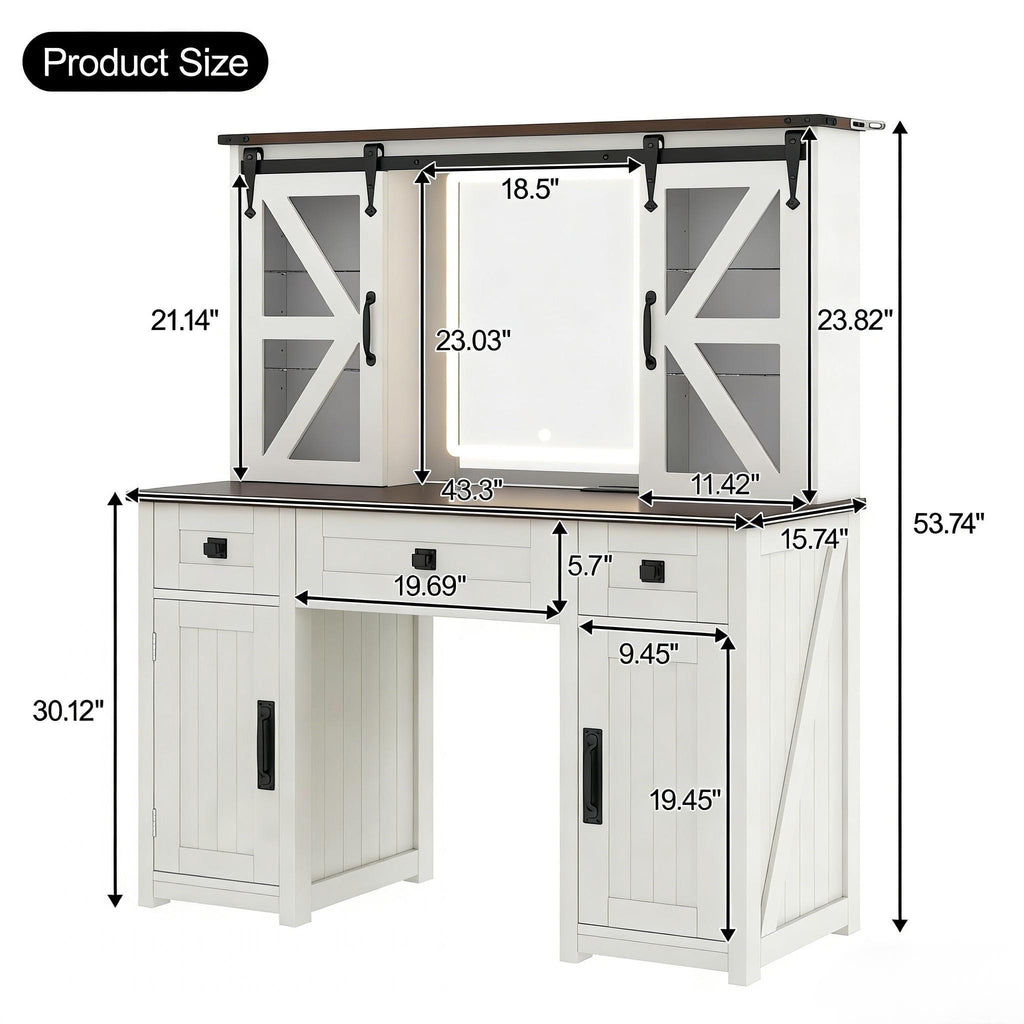 43.3' Farmhouse Makeup Vanity Desk with Lighted Mirror, Vanity Table Set with Charging Station, Dressing Table with Sliding Barn Door Hidden Shelves & 3 Drawers & 4 Cabinets, Beige - Grand Goldman Shop