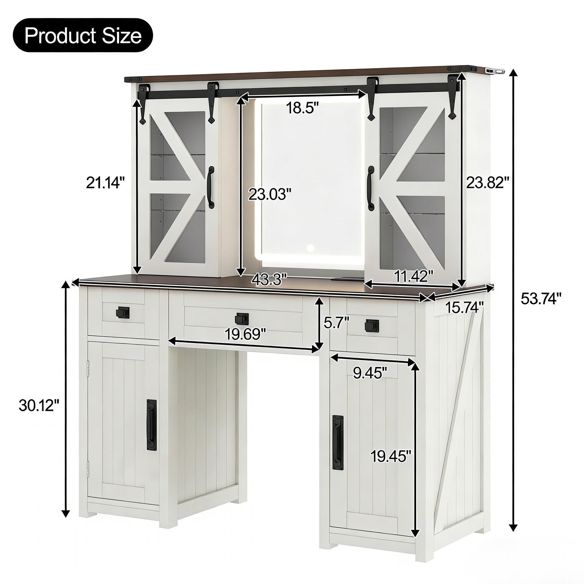 43.3' Farmhouse Makeup Vanity Desk with Lighted Mirror, Vanity Table Set with Charging Station, Dressing Table with Sliding Barn Door Hidden Shelves & 3 Drawers & 4 Cabinets, Beige - Grand Goldman Shop