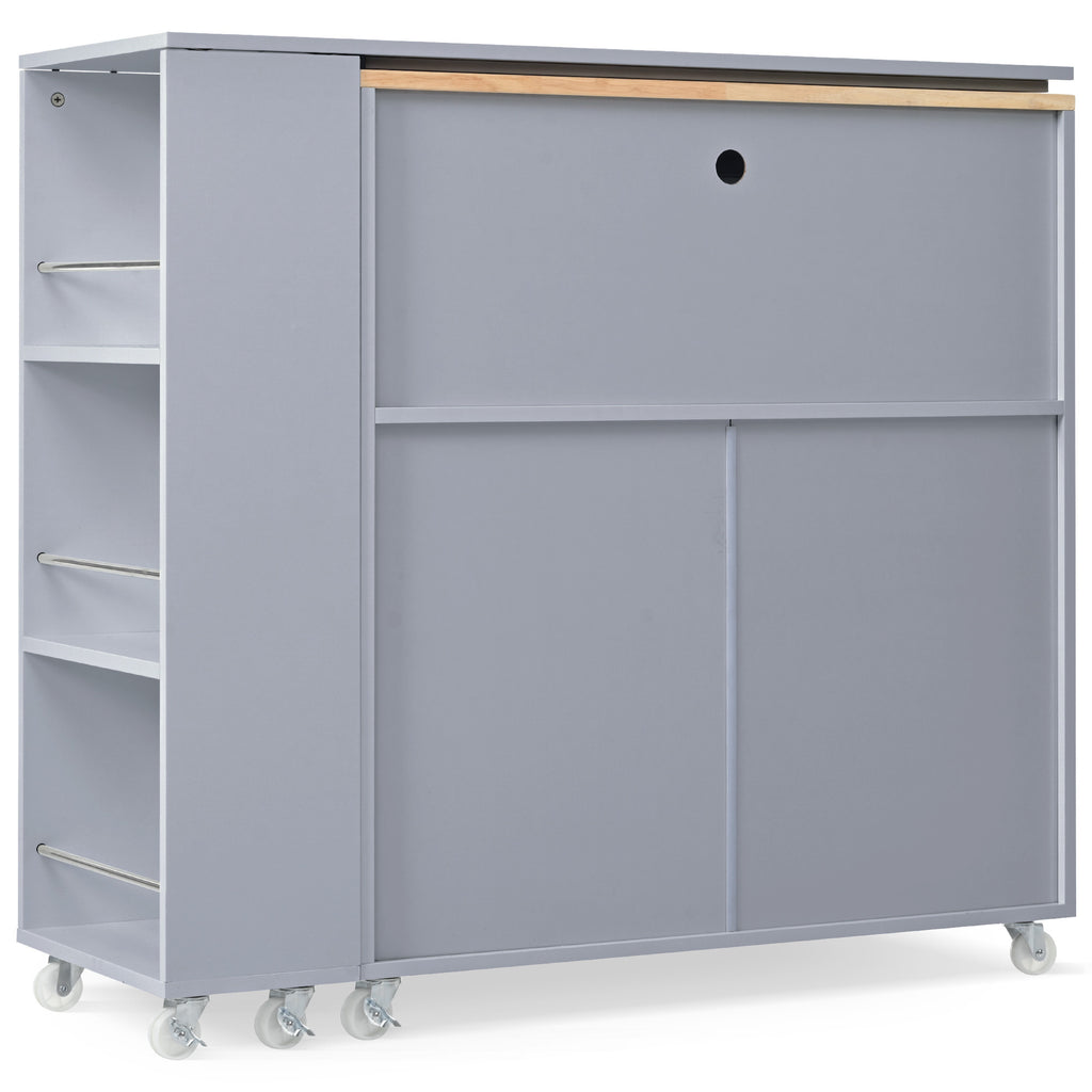 K&K Rolling Kitchen Island With Extended Table, Kitchen Island on Wheels with LED Lights,Power Outlets and 2 Fluted Glass Doors, Kitchen Island with a Storage Compartment and Side 3 Open Shelves, Grey - Grand Goldman Shop