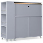 K&K Rolling Kitchen Island With Extended Table, Kitchen Island on Wheels with LED Lights,Power Outlets and 2 Fluted Glass Doors, Kitchen Island with a Storage Compartment and Side 3 Open Shelves, Grey - Grand Goldman Shop