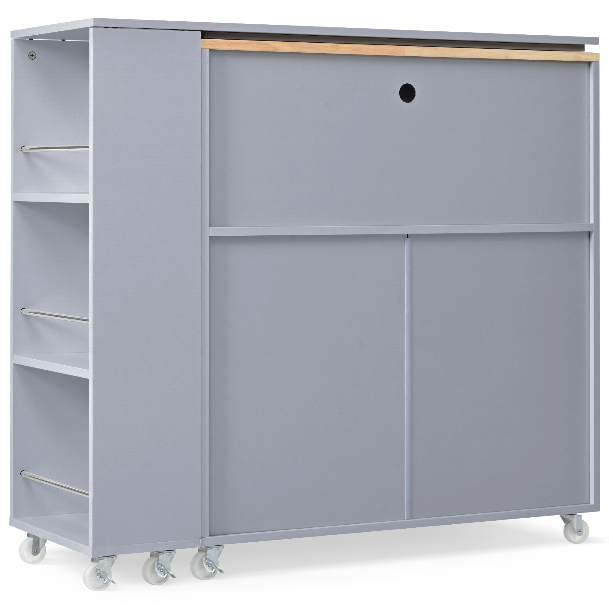 K&K Rolling Kitchen Island With Extended Table, Kitchen Island on Wheels with LED Lights,Power Outlets and 2 Fluted Glass Doors, Kitchen Island with a Storage Compartment and Side 3 Open Shelves, Grey - Grand Goldman Shop