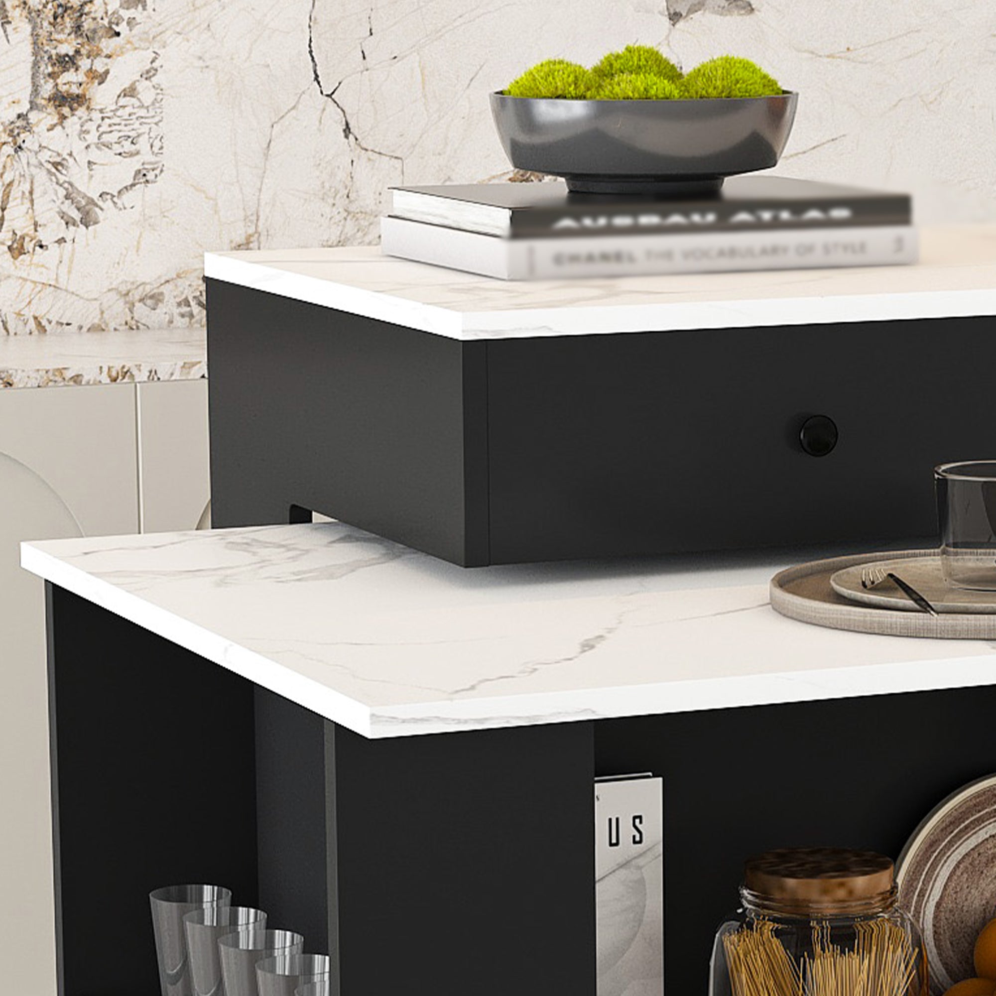 Retro Kitchen Island with Extendable Rotating Table, Black Marble Veneer on MDF, 4 Drawers & Glass Door Cabinets, Built-in Socket, Fits 2-4 People - Grand Goldman Shop