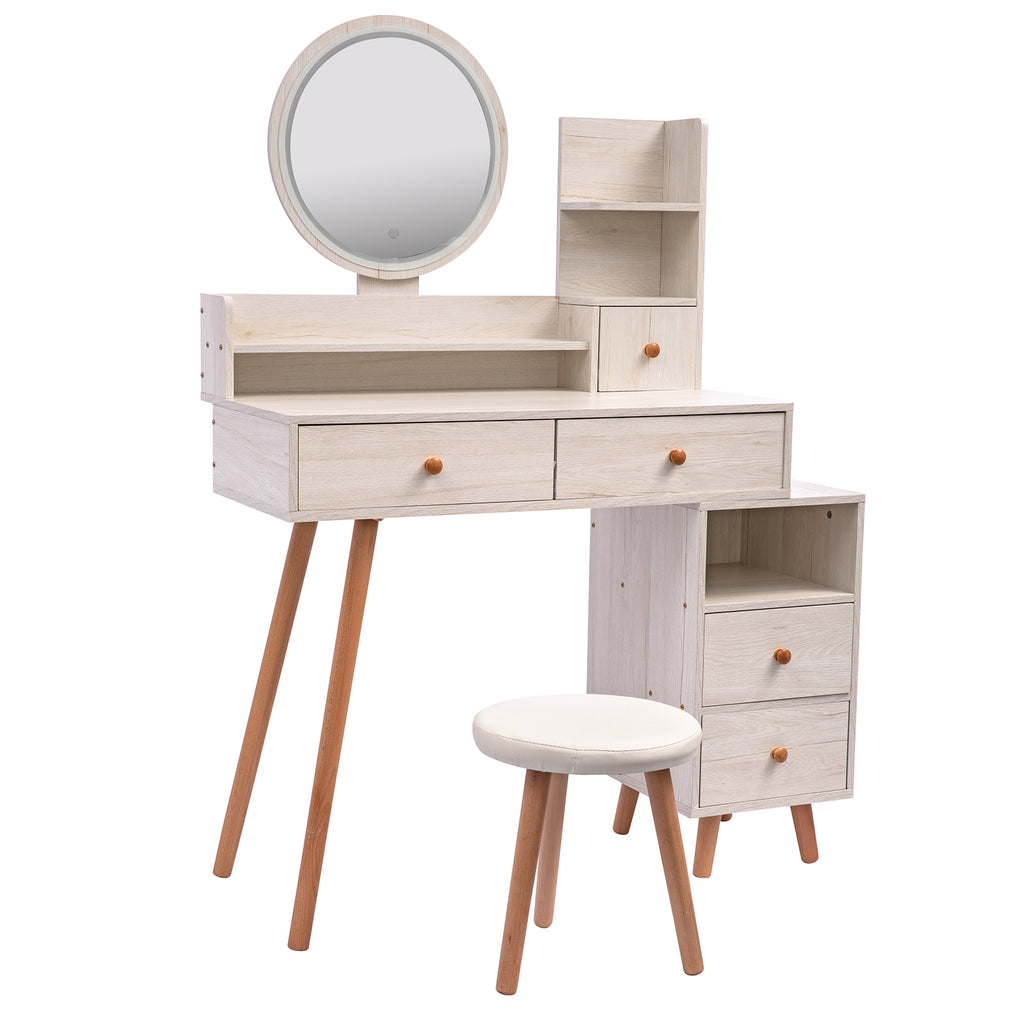 CRAZY ELF Stylish Vanity Table + Cushioned Stool, Touch Control LED Mirror, Large Capacity Storage Cabinet, 5 Drawers, Fashionable Makeup Furniture, Length Adjustable(L31.5'-43.2'x W15.8' x H48.1') - Grand Goldman Shop