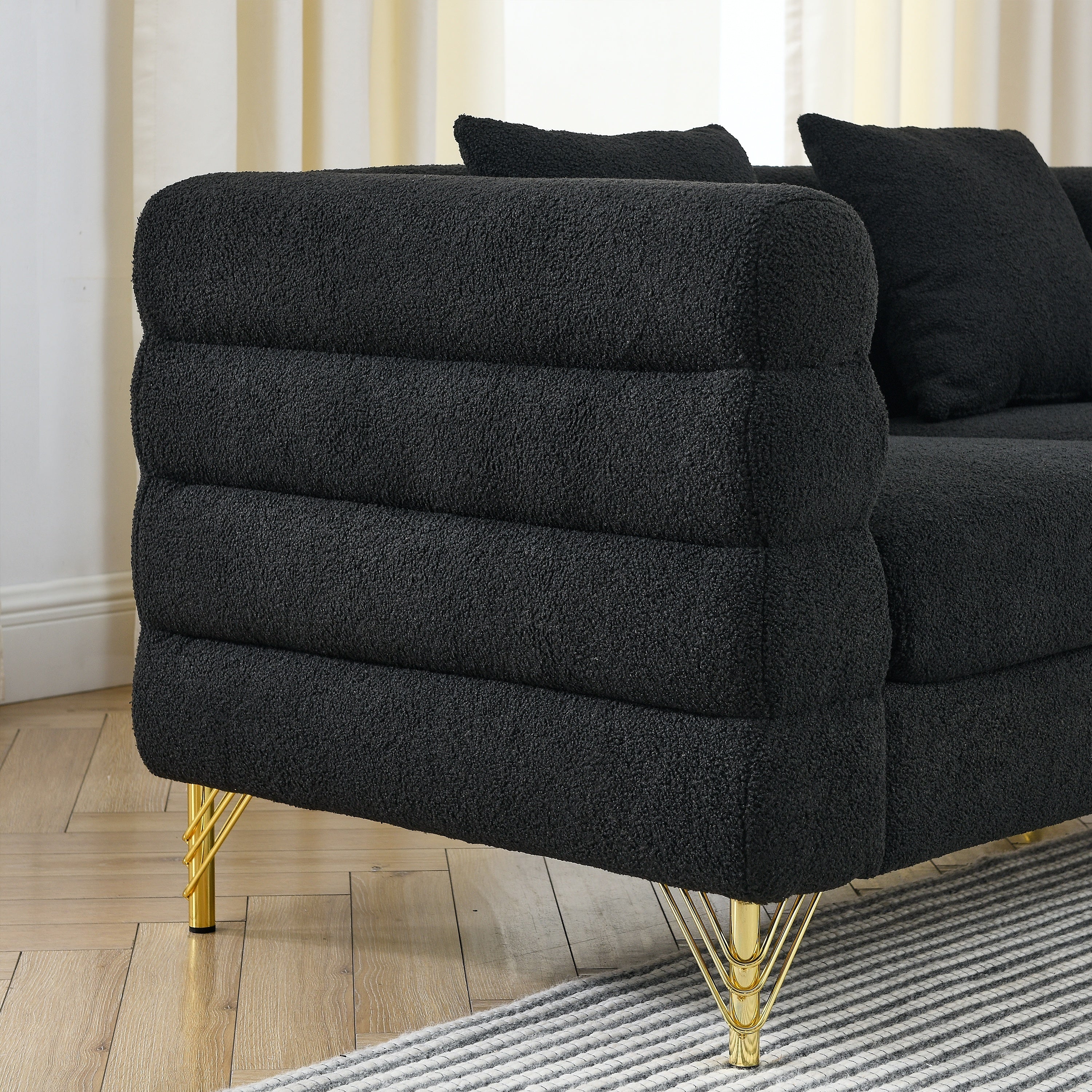 Streamline Modern 81 Inch Oversized 3 Seater Sectional Sofa in Black Teddy Fabric with 3 Lumbar Pillows, Deep Seating Comfort for Living Room Bedroom Office - Grand Goldman Shop