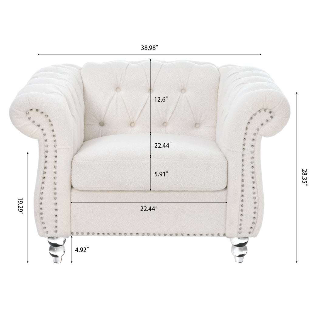 Modern Teddy Velvet 1 Seater Sofa for Living Room, White, Acrylic Legs, 38.98'W x 32.09'D x 28.35'H - Grand Goldman Shop