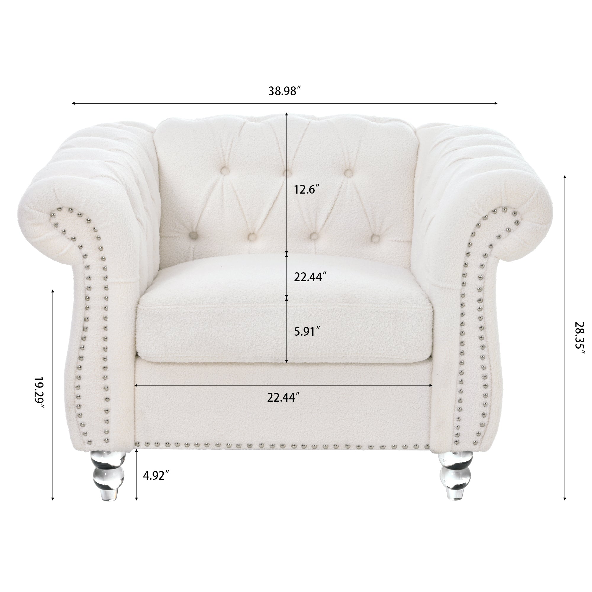 Modern Teddy Velvet 1 Seater Sofa for Living Room, White, Acrylic Legs, 38.98'W x 32.09'D x 28.35'H - Grand Goldman Shop