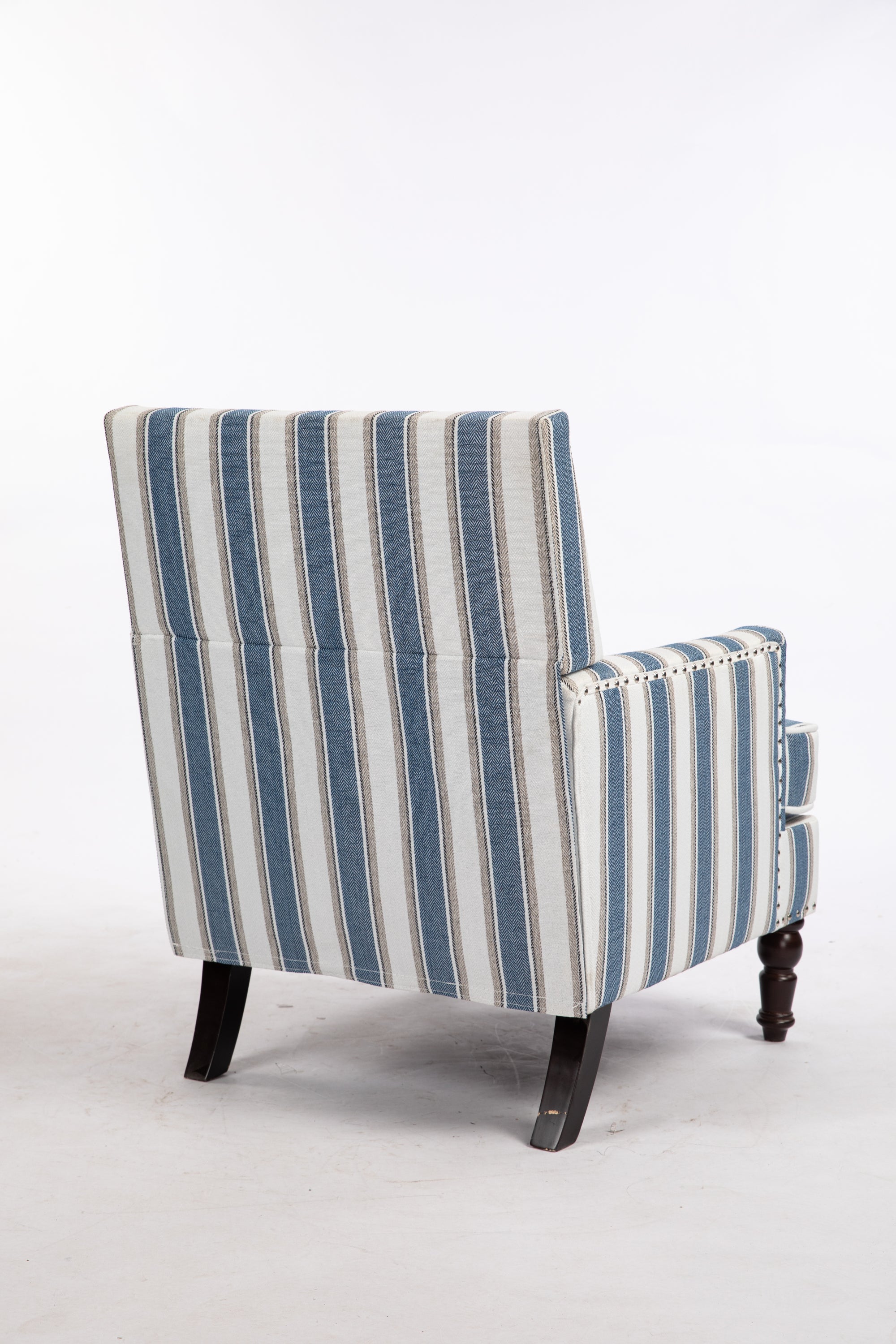 Upholstered Accent Chair, Vintage Armchair with Blue and White Striped Linen Fabric and Nailhead Trim for Living Room - Grand Goldman Shop