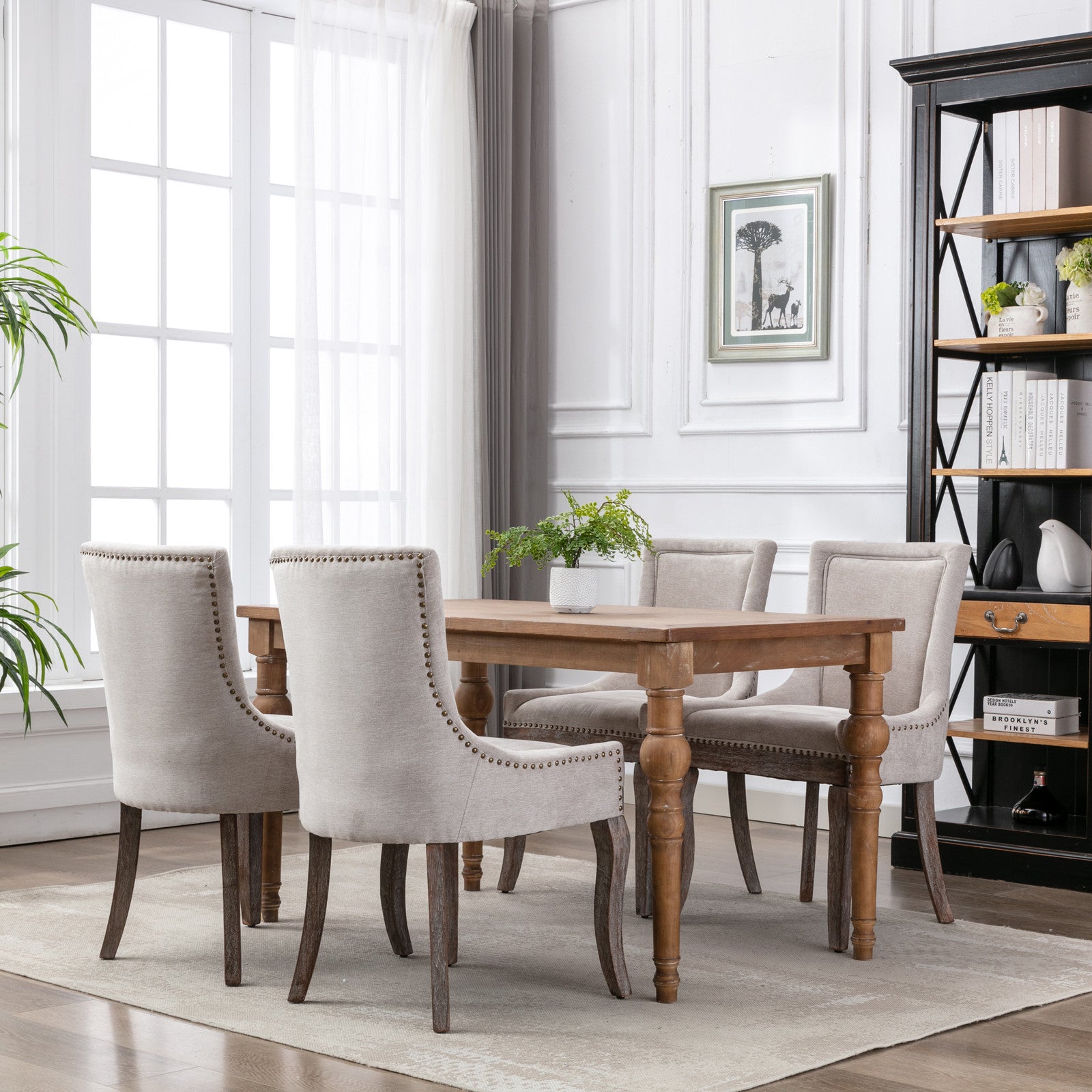 A&A Furniture Ultra Side Dining Chair with Thickened Fabric and Bronze Nail Head, Beige, Set of 2 - Grand Goldman Shop