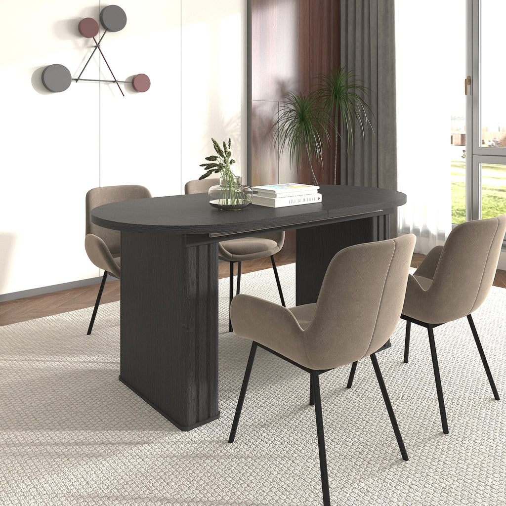 Kitchen extendable dining table for 4-8 people, oval kitchen table with wooden strip base for family living room (black) - Grand Goldman Shop