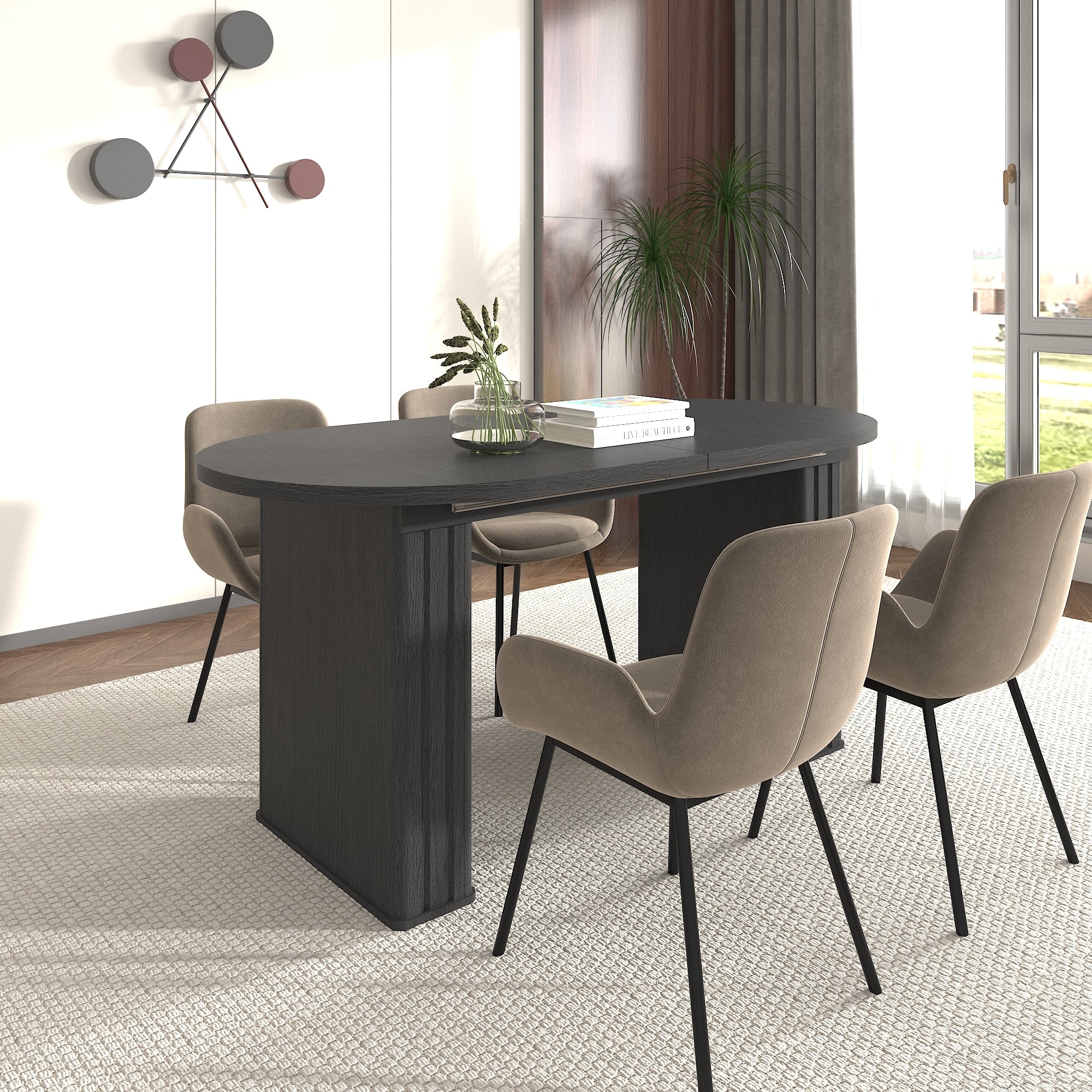 Kitchen extendable dining table for 4-8 people, oval kitchen table with wooden strip base for family living room (black) - Grand Goldman Shop
