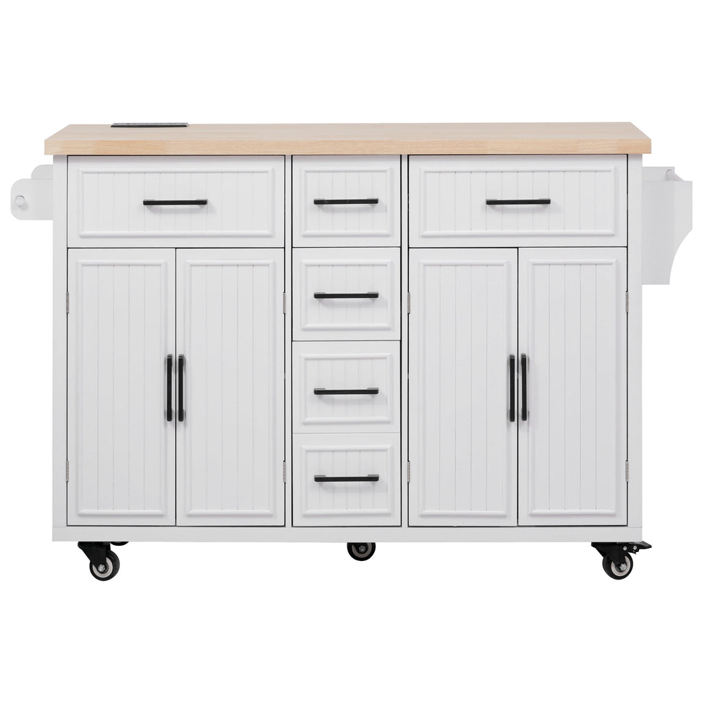 K&K 56.5'' Kitchen Island with Drop Leaf, Power Outlet, Embossed Vertical Stripe Rolling Kitchen Cart on Wheels with 4 Doors , 5 Deep Drawers and Adjustable Shelves, for Kitchen, Dining Room, White - Grand Goldman Shop