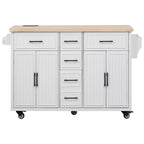 K&K 56.5'' Kitchen Island with Drop Leaf, Power Outlet, Embossed Vertical Stripe Rolling Kitchen Cart on Wheels with 4 Doors , 5 Deep Drawers and Adjustable Shelves, for Kitchen, Dining Room, White - Grand Goldman Shop
