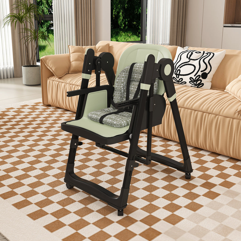 Convertible Baby High Chair to Rocker with 5-Point Harness, Foldable Infant Feeding Chair in Dark Green with Removable 2-Tier