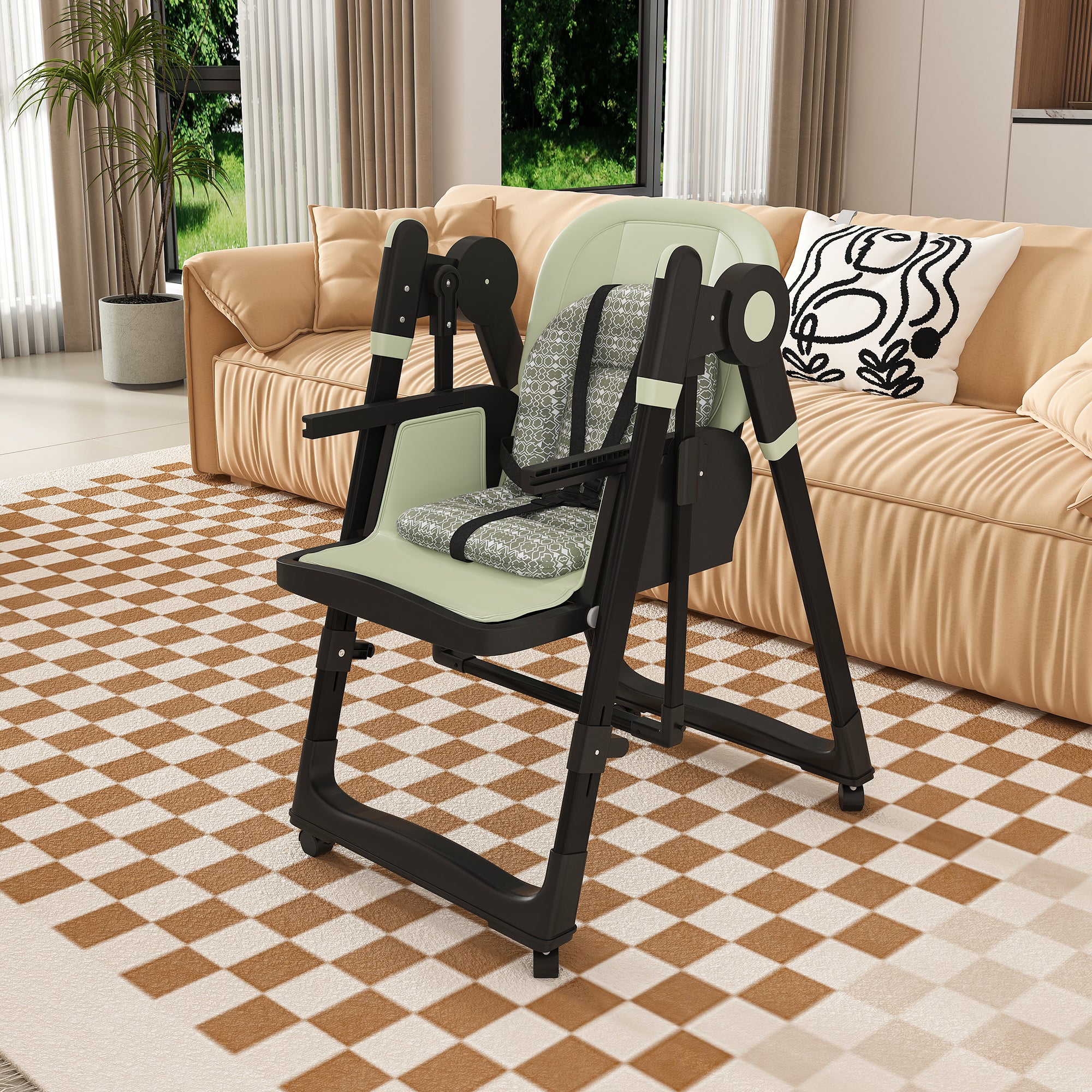 Convertible Baby High Chair to Rocker with 5-Point Harness, Foldable Infant Feeding Chair in Dark Green with Removable 2-Tier