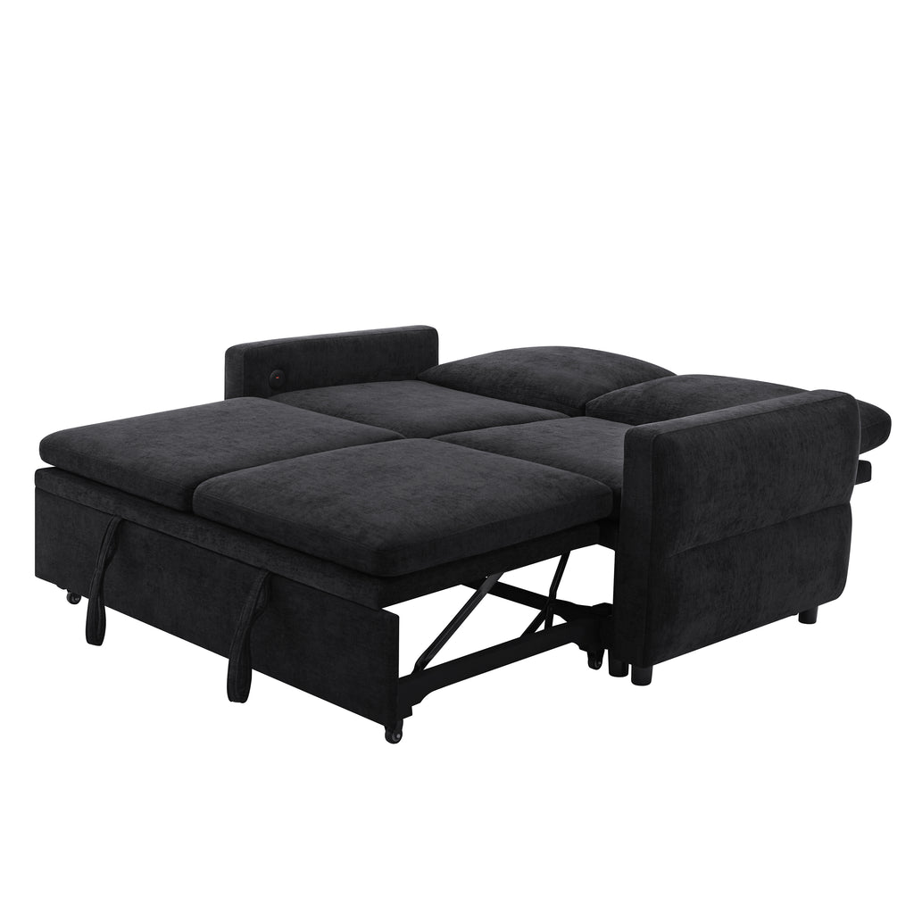 Black Convertible Sofa Bed Loveseat with Adjustable Backrest and USB Ports, 62.75' Chenille Upholstered Couch for Living Room or Small Space - Grand Goldman Shop