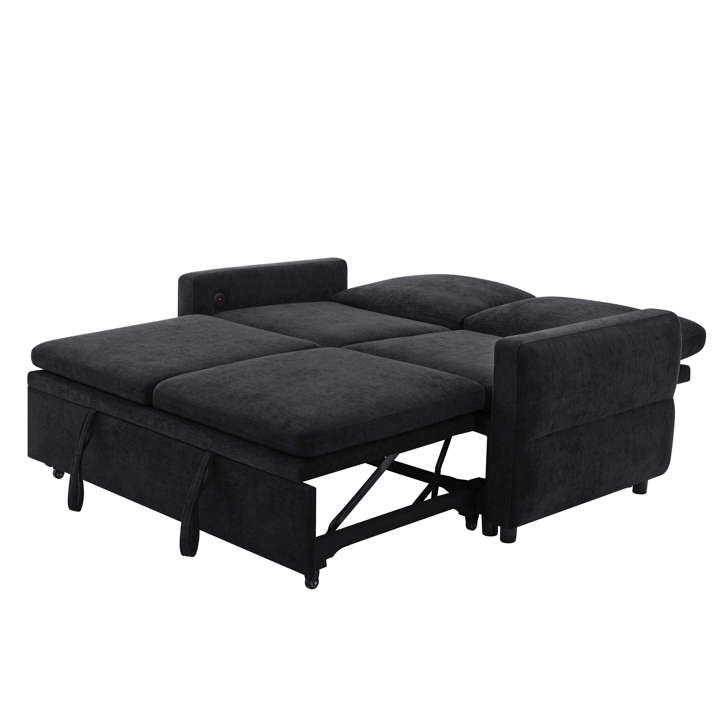 Black Convertible Sofa Bed Loveseat with Adjustable Backrest and USB Ports, 62.75' Chenille Upholstered Couch for Living Room or Small Space - Grand Goldman Shop