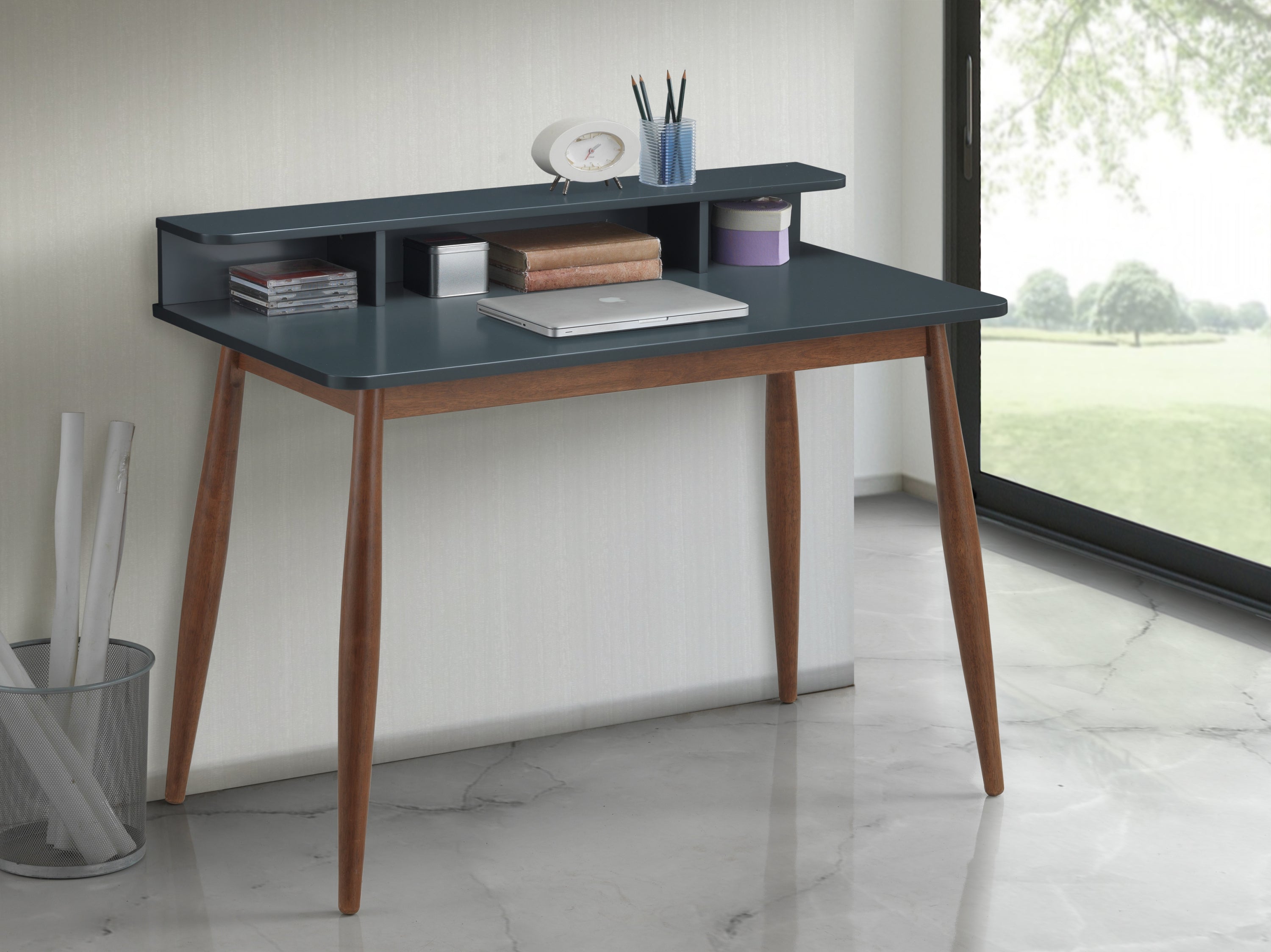 Roskilde Mid-Century Modern Wood Writing Desk with Hutch, Grey - Grand Goldman