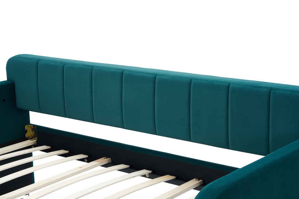 Twin Upholstered Daybed Frame with Trundle, Twin Size Sofa Bed for Bedroom Living Room Guest Room, Wood Slat Support,Emerald - Grand Goldman Shop