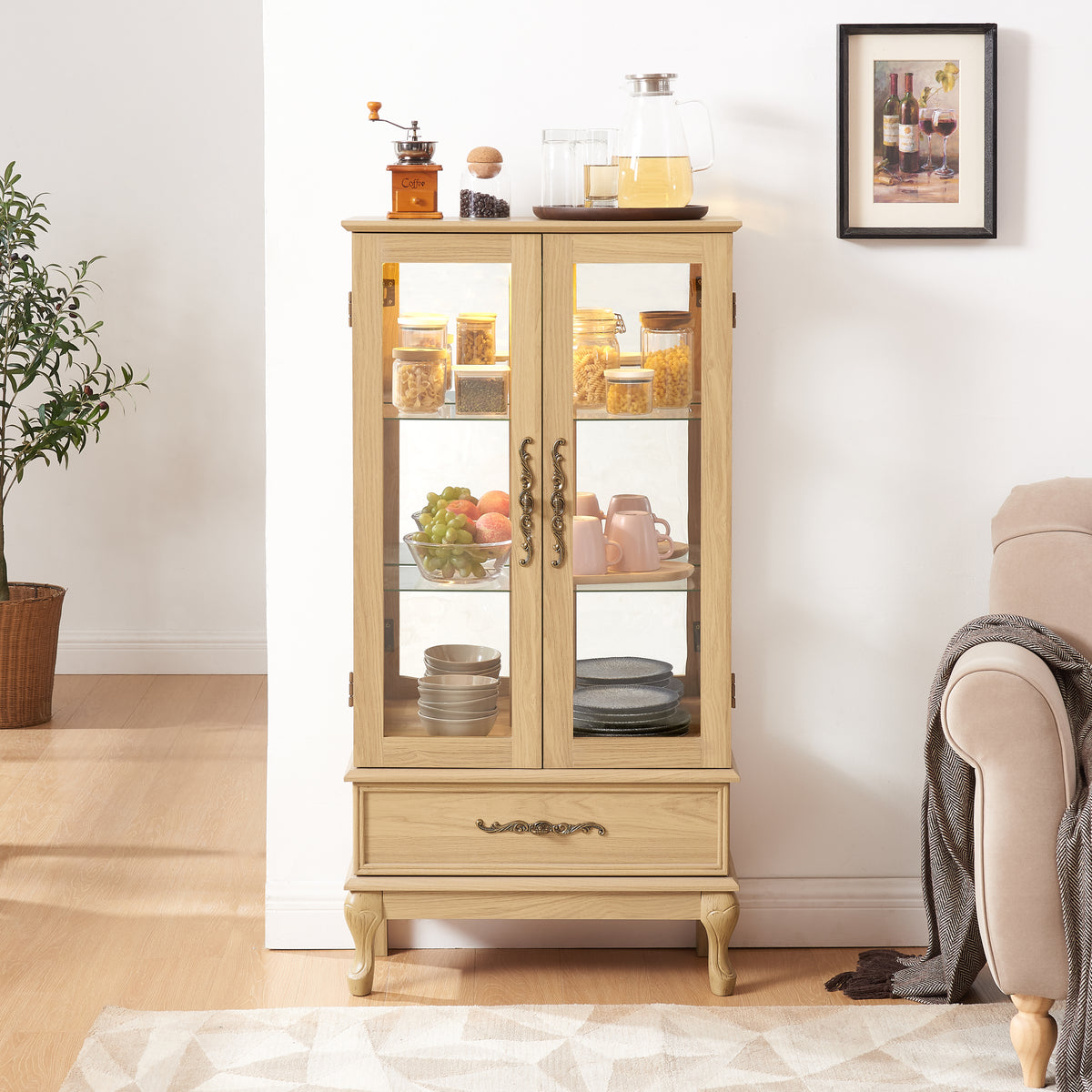 Curio Cabinet Lighted Glass Cabinet Glass Wine Cabinet Curio Display Cabinet with Adjustable Glass Shelves 2 Doors and 1 drawer Cabinet Sideboard With Bulb Included Light oak - Grand Goldman Shop
