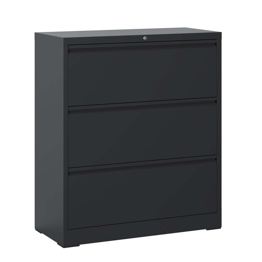 Modern Black 3-Drawer Lateral File Cabinet with Lock, Metal Filing for Legal/Letter/A4/F4 - Grand Goldman