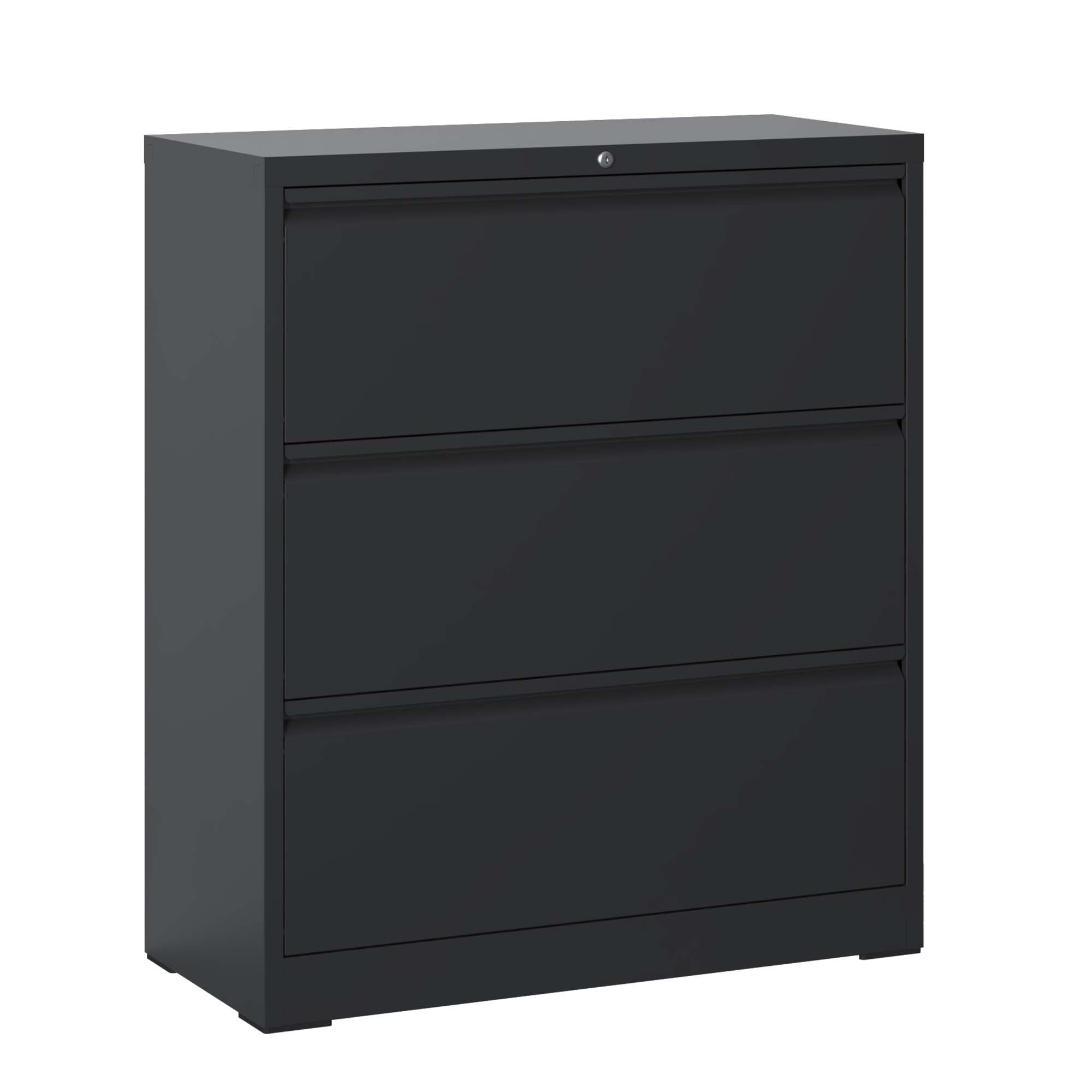Modern Black 3-Drawer Lateral File Cabinet with Lock, Metal Filing for Legal/Letter/A4/F4 - Grand Goldman