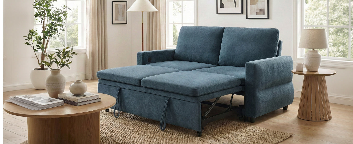 Convertible Sofa Bed 62.75' Loveseat with Adjustable Backrest and USB Ports in Blue Chenille Fabric - Grand Goldman Shop