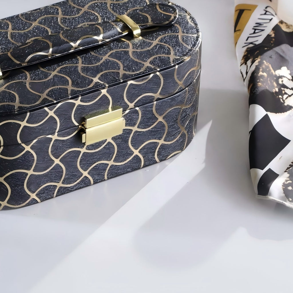 9.5' Long Leather Jewelry Organizer Case with Mirror, Gold Swirl Pattern, Black - Grand Goldman Shop