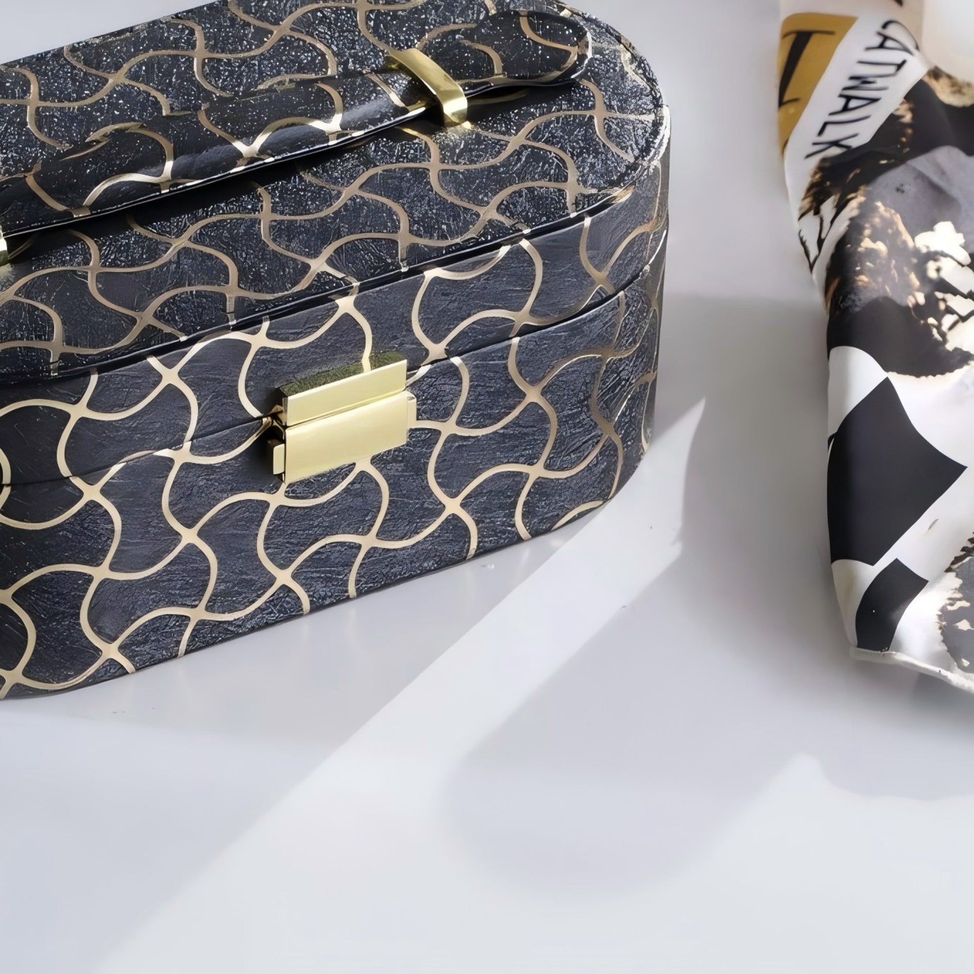 9.5' Long Leather Jewelry Organizer Case with Mirror, Gold Swirl Pattern, Black - Grand Goldman Shop