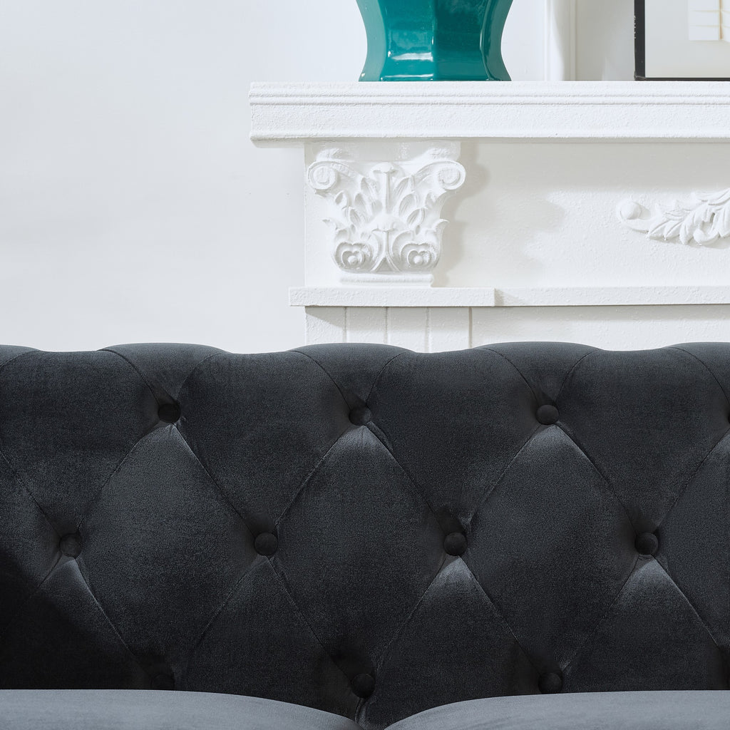 Mid Century Modern Chesterfield Velvet Sofa with Roll Armrest & Nailhead, Black, 67-Inch - Grand Goldman Shop
