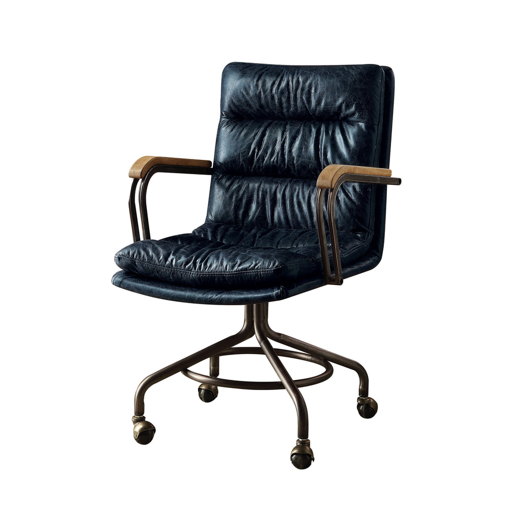Harith II Vintage Blue Top Grain Leather Office Chair with Padded Back and Armrests and Swivel Seat | Premium Home Decor - Gr