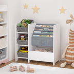 Kids Bookshelf and Toy Storage Organizer, Multifunctional 4-Tier White MDF Bookshelf with 3 Collapsible Fabric Drawers for Nu