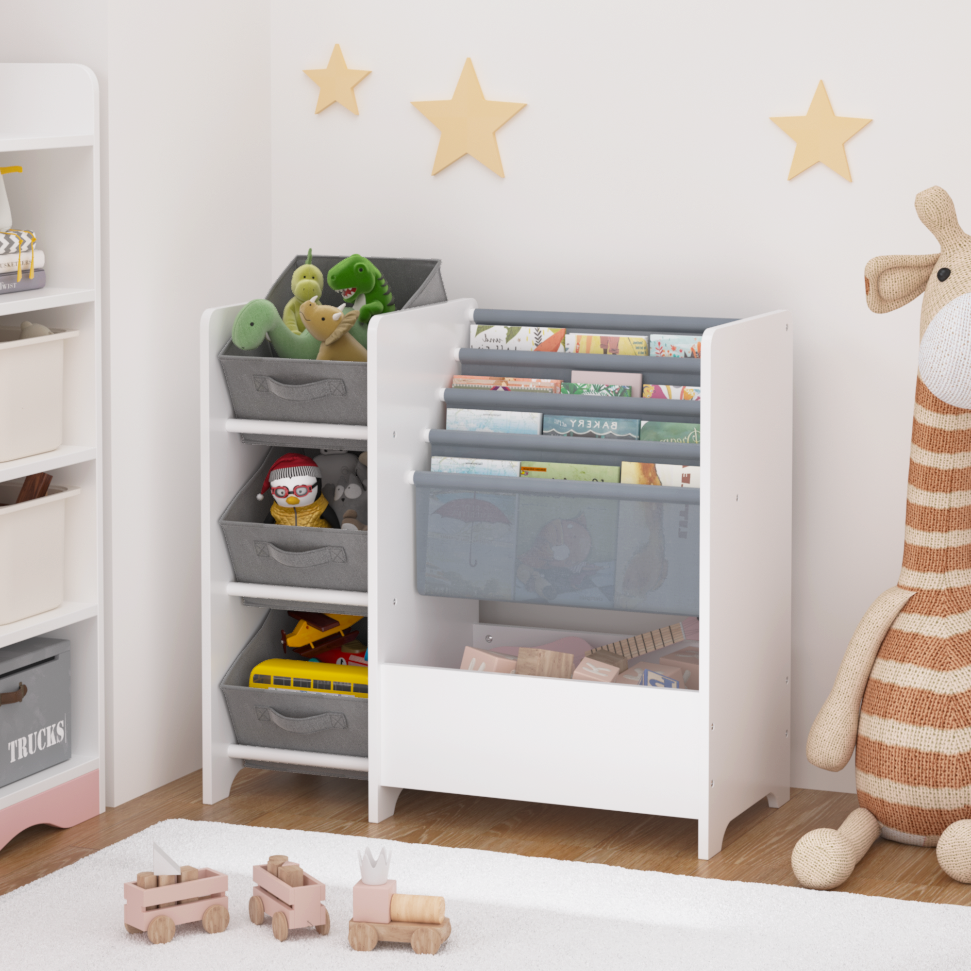 Kids Bookshelf and Toy Storage Organizer, Multifunctional 4-Tier White MDF Bookshelf with 3 Collapsible Fabric Drawers for Nu