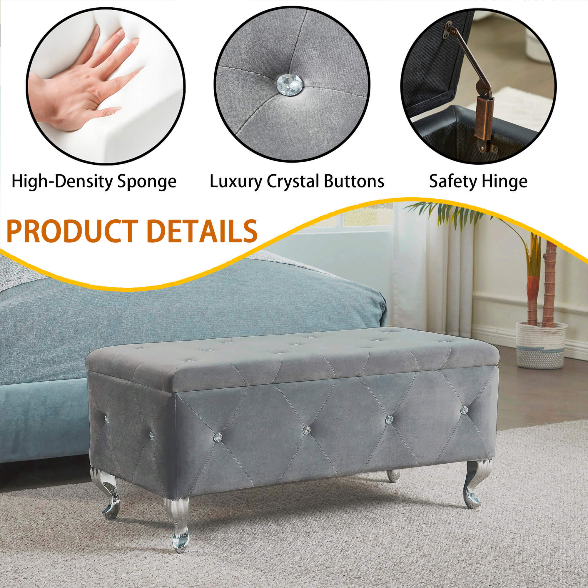Tufted Storage Ottoman Bench For Bedroom End Of Bed Large Upholstered Storage Benches Footrest With Crystal Buttons For Living Room Entryway (Grey) - Grand Goldman Shop